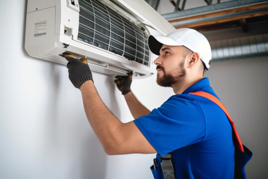 HVAC technician installing a mini split air conditioner in Selma
