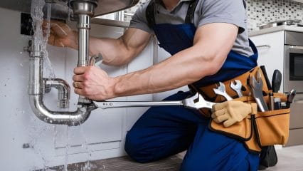 Plumber repairing pipes beneath a sink in Selma