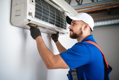 Mini Split AC Installation Selma HVAC technician installing a mini split air conditioner in Selma