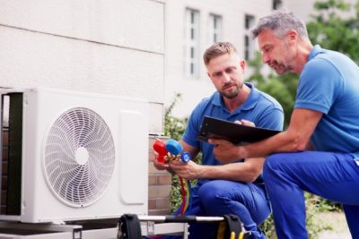 Outdoor AC Installation Selma HVAC technicians installing an outdoor air conditioning unit in Selma